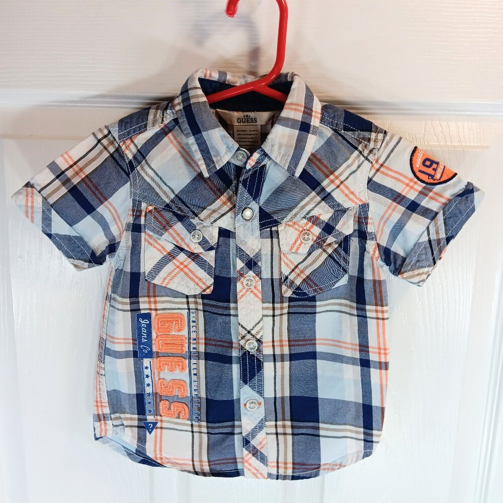 NWOT Baby Guess Boys Short Sleeve Button Down Shirt Blue Orange Plaid Size 18M